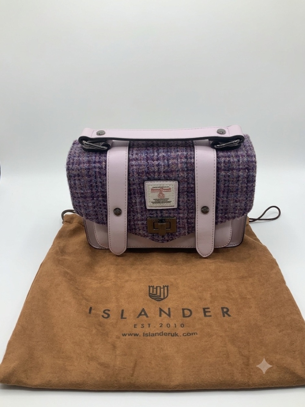 Islander Light Pink Leather Handbag with Purple Tweed Flap